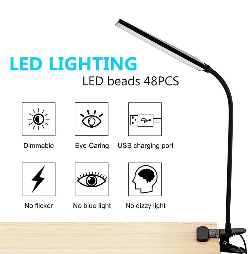 RAOYI LED Desk Lamp, 5W USB Clip on Light Eye-Caring Reading Clamp Table Lamp with 48 LEDs Flexible Neck, 3 Color Modes and 14 Brightness Levels for Office Bedroom Study (Black) - Image 3